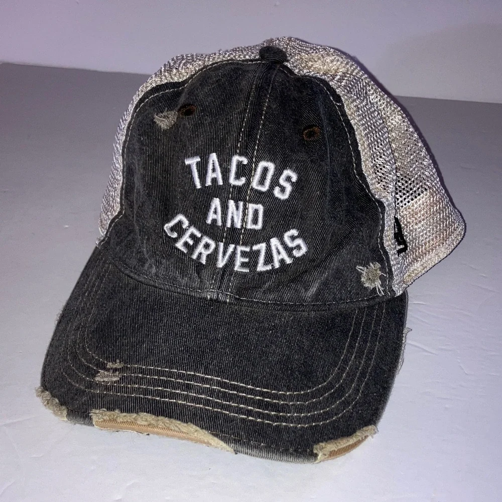 Retro Distressed Black and‎ Tan SnapBack Trucker Hat Tacos and Cervezas